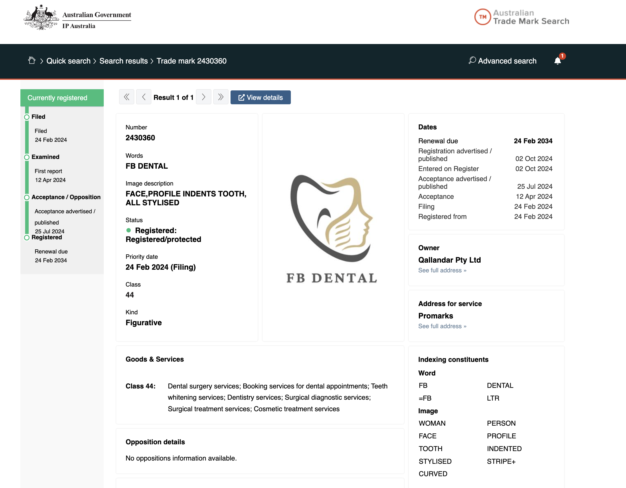 FB Dental Trade Mark Registration Certificate
